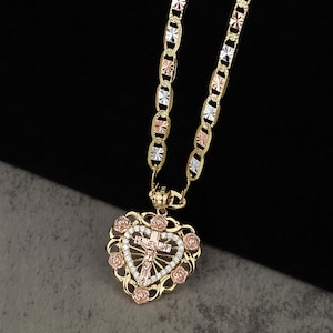 14k Solid Gold Jesus Christ Crucifix Cross Crucifixion Rose Heart Pendant Charm Necklace Religious Gift for Women Girl Her Christian Jewelry