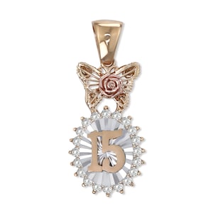 14k Solid Gold Quinceanera 15th Birthday Rose Round CZ Pendant Charm Necklace Gift for Women Girls Her / Celebrating Special Milestones