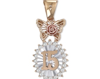 14k Solid Gold Quinceanera 15th Birthday Rose Round CZ Pendant Charm Necklace Gift for Women Girls Her / Celebrating Special Milestones