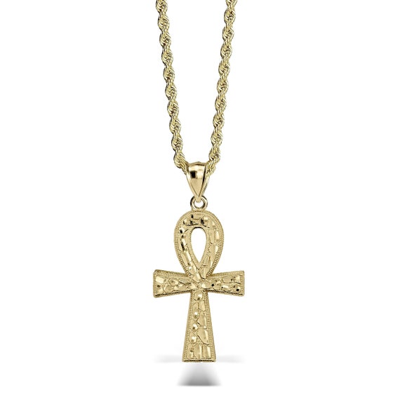 10k Solid Gold Nugget Ankh Celtic Cross Pendant Charm Necklace