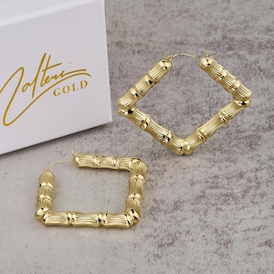 10k Gold Bamboo Hoop Earrings Classic Plain Square Diamond Shape Unique Vintage Design for Women Girls and Her