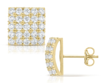 10k Solid Gold Vintage Convex Square CZ Push Back Stud Earrings for Men Him Boys Kids / Classic, Unique Design Perfect Gift for Any Occasion