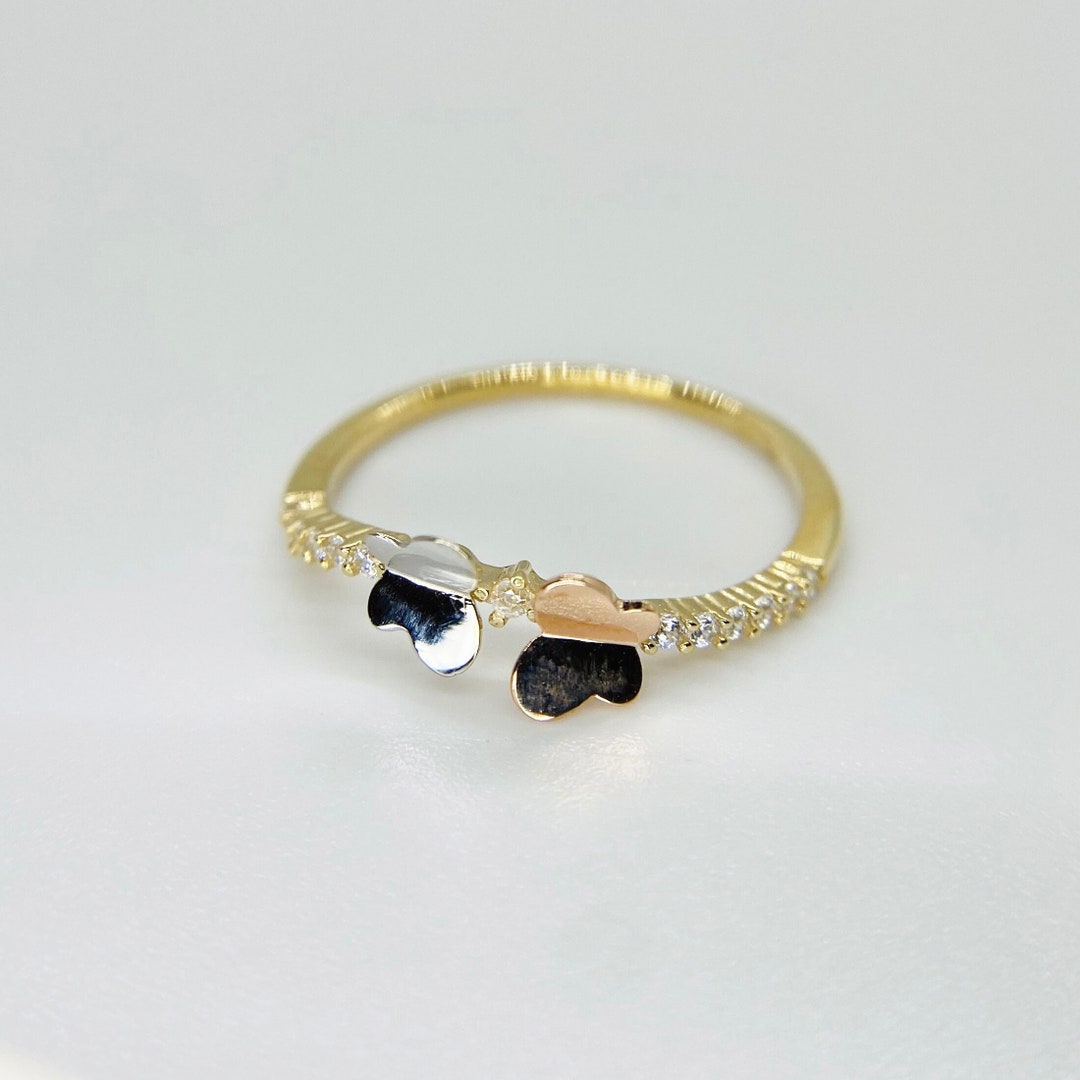 14k Solid Gold Butterfly Tricolor CZ Statement Ring for Women Her