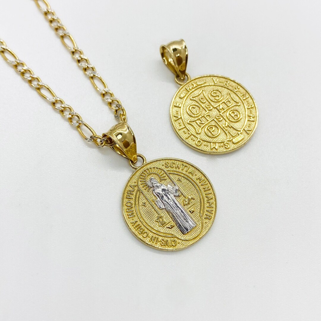 14k Solid Gold Saint Benedict Sentia Mvniamvr Round Circle Two Tone Charm Pendant Necklace for