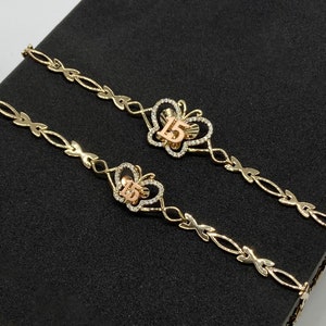 10k & 14k Gold Quinceanera 15th Birthday Butterfly CZ Pendant Charm Bracelet Solid Gold Gift for Women Girls Her / Quince Jewelry Keepsake