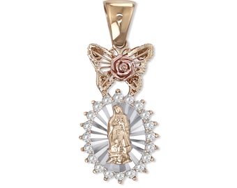 14k Solid Gold Guadalupe Virgin Mary Rose CZ Round Pendant Charm Chain Necklace Religious Fine Jewelry Gift for Women Girl Her