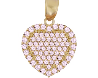 Könnte beinhalten: Ein goldener herzförmiger Anhänger mit einer Pavé-Fassung aus rosafarbenen Zirkonia-Steinen.