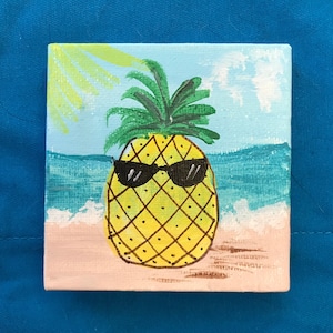 Beach Pineapple Canvas|Mini-Paintings|Painting with Easel|Mini-Canvas|Fun Gifts