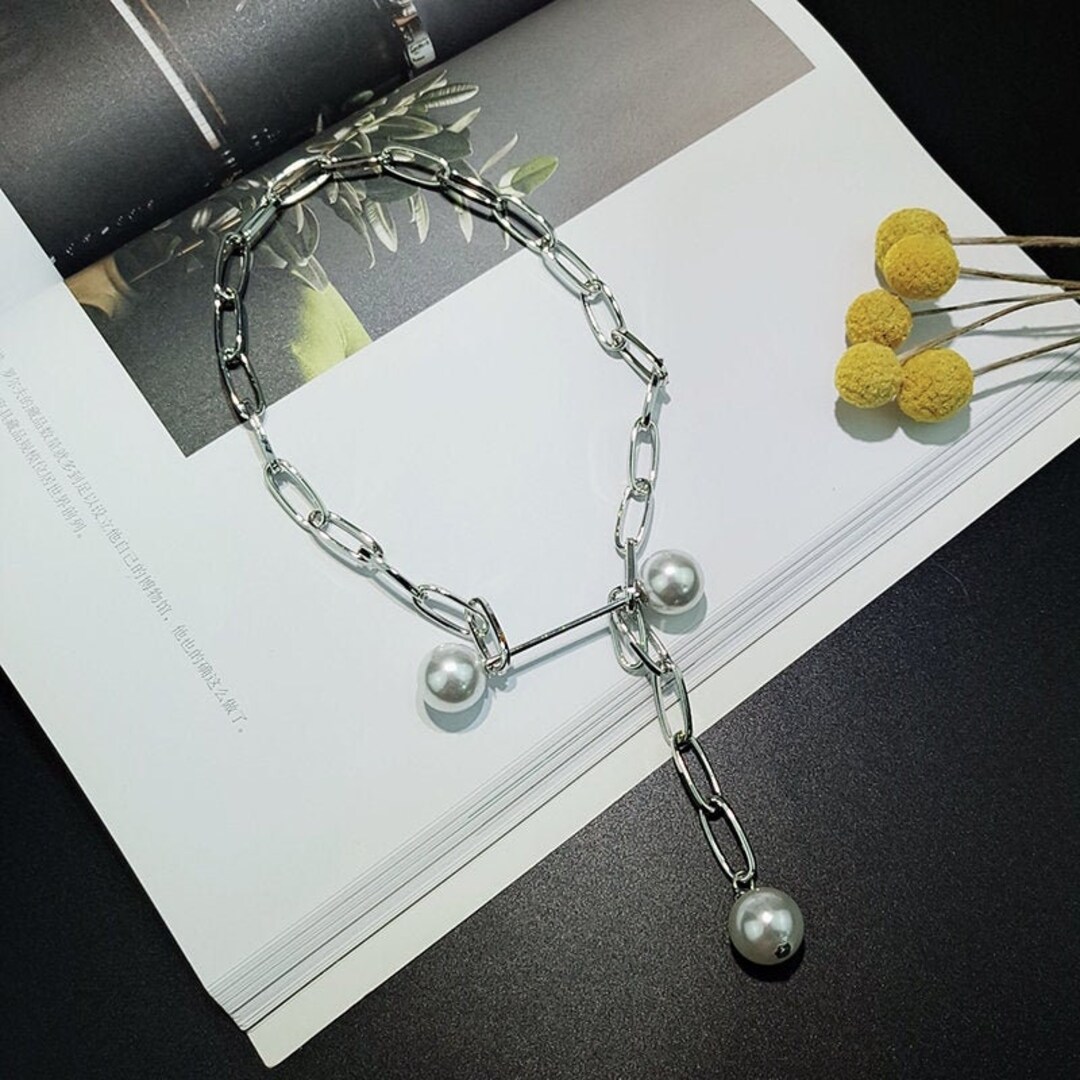 Silver Pearl Choker.choker Collar.chain Choker.rectangular Link Chain