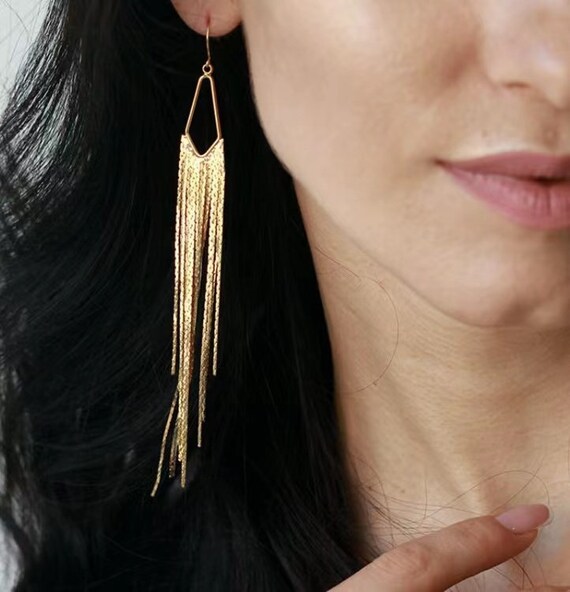 Gold Fringe Tassel Earrings - Extra Long