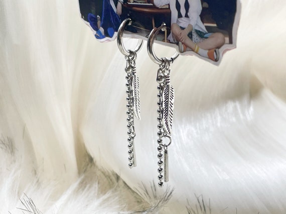 Surgical Steel BTS Jimin Earrings. Unisex Feather Pendent Chain