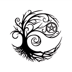 May include: Black and white illustration of a stylized tree with roots and branches, forming a circle. A pentagram is inside the circle.