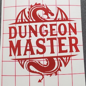 May include: Red vinyl decal with a dragon design and the text "Dungeon Master".