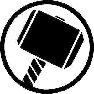 May include: Black and white silhouette of a hammer inside a circle. The hammer has a rounded head and a long handle with a striped pattern.