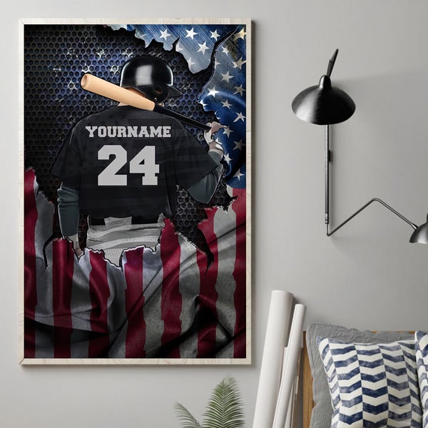 Custom Baseball Player Poster, US Flag, Baseball Gifts, Baseball Posters, Personalized American Flag Baseball Portrait Poster Gift