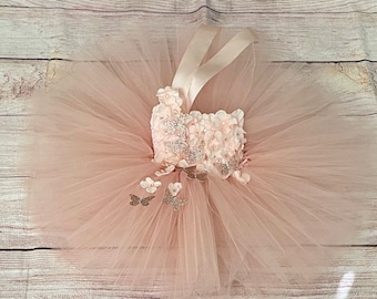 Rose Gold Blush Butterfly Birthday Tutu Dress for Girls Wedding Flower Girls Parties Outfit for Toddlers Baby Girls Kids