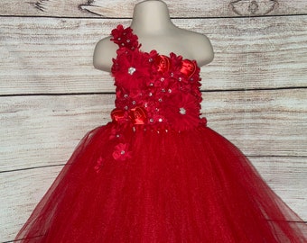 Red Floral Birthday Tutu Dress for Girls Princess Red Flower Girl Wedding Party Outfit for Toddlers Baby Girls Kids