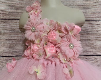 Pink Floral Birthday Tutu Dress for Girls Princess Pink Flower Girl Wedding Party Outfit for Toddlers Baby Girls Kids