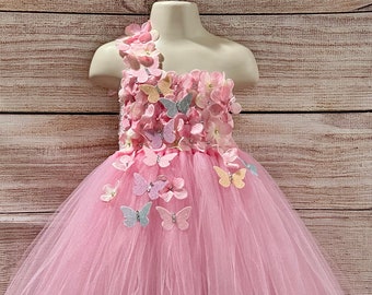 Pink Butterfly Birthday Tutu Dress for Girls Wedding Flower Girls Parties Outfit for Toddlers Baby Girls Kids