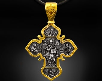 Orthodox cross pendant - "God and The Holy Trinity". Silver/24K Gold Plated