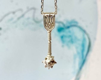 Ukrainian mace and emblem of Ukraine Pendant, Sterling Silver 925, Stop war