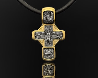 Orthodox Cross &quot;Crucifixion of Christ, Saint George and Saint Nicholas&quot;. Silver/Gold plated