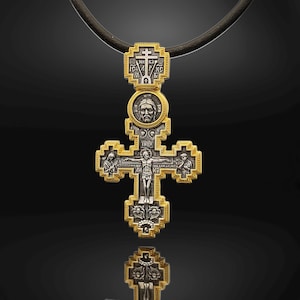 Orthodox Silver cross pendant - &quot;Golgotha, Alexander Nevsky, George the Victorious&quot;
