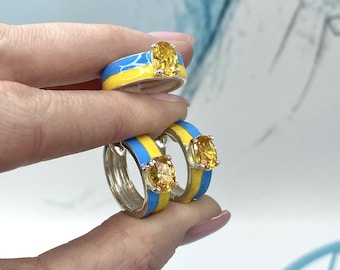 Jewelry ring and earrings, Sterling Silver 925. Ukraine colours