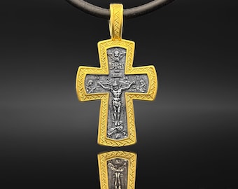 Orthodox Silver cross pendant - Crucifixion of Christ Saint Nicholas