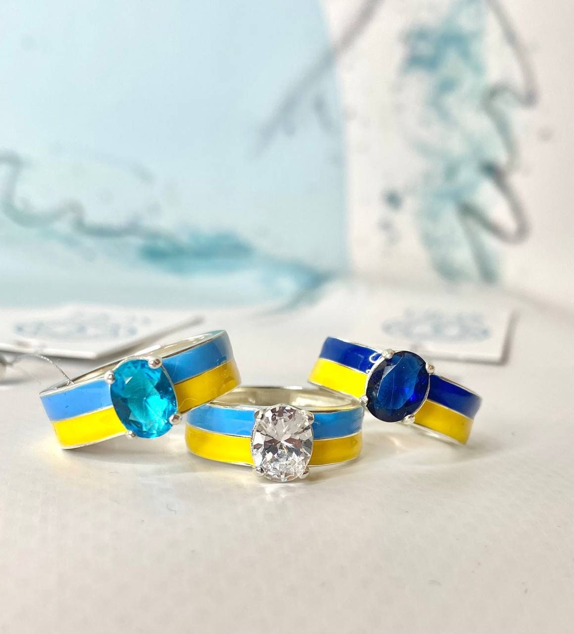 Silver Ring with Cubic Zirconia - Ukrainian flag. Stand with Ukraine!