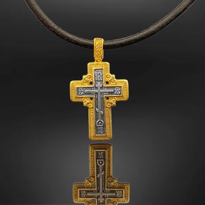 Orthodox Silver Cross Pendant/24K Gold Plated &quot;Golgotha&quot;. Christian Jewelry. Pectoral Cross