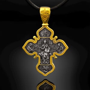 Orthodox cross pendant - "God and The Holy Trinity". Silver/24K Gold Plated