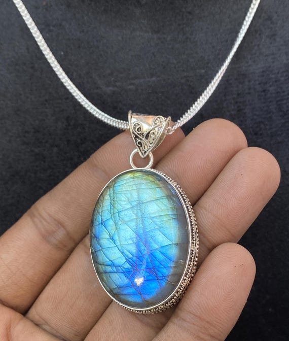 Pendentif En Argent 925 Avec Labradorite Bleue Ovale - Neuf Sans Emballage