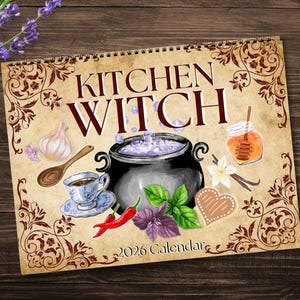KITCHEN WITCH Calendar 2026 | Magical Spell Recipes Moon Phases Green Victorian Herbs & Spices Plant Art Pagan DIY Cottage Core Wall Planner