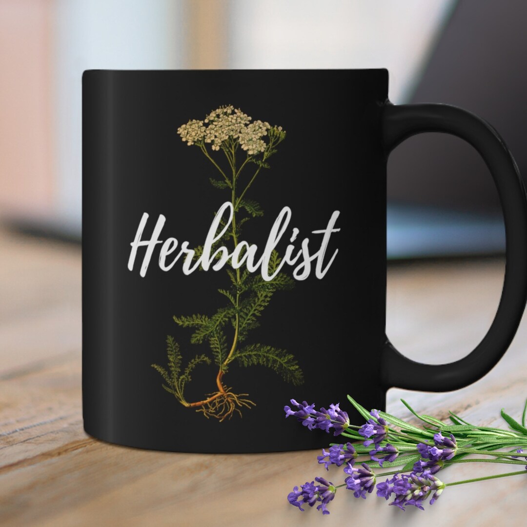 HERBALIST Coffee Mug YARROW BOTANICAL Print Black Ceramic Cup Holiday