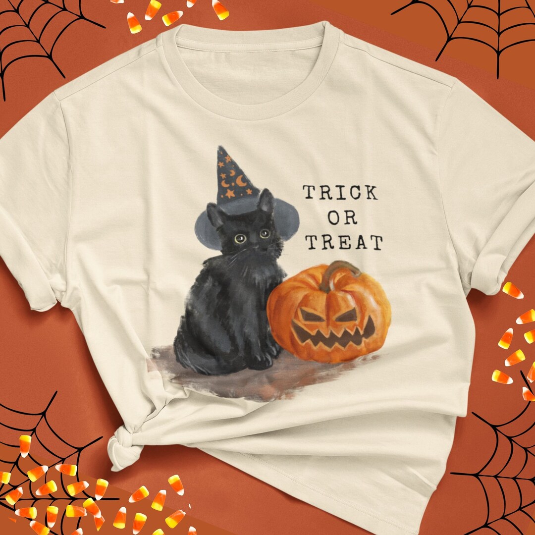 VINTAGE BLACK CAT Witch Hat Pumpkin Print Trick or Treat Unisex ...