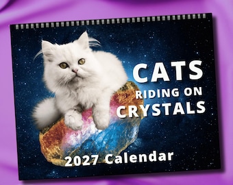 May include: A 2027 wall calendar featuring a white fluffy cat perched on a large, multicolored crystal against a dark space background. The text on the cover reads CATS RIDING ON CRYSTALS 2027 CALENDAR in bold white capital letters.