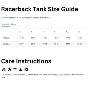 Puede incluir: Gu&iacute;a de tallas para un tanque de espalda nadadora con medidas en pulgadas para XS, S, M, L, XL y 2XL. Las instrucciones de cuidado incluyen lavar a m&aacute;quina con agua fr&iacute;a, secar en secadora a baja temperatura, no planchar y no limpiar en seco.