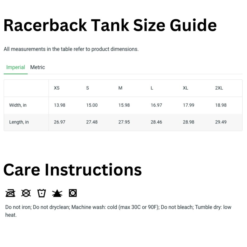 Puede incluir: Gu&iacute;a de tallas para un tanque de espalda nadadora con medidas en pulgadas para XS, S, M, L, XL y 2XL. Las instrucciones de cuidado incluyen lavar a m&aacute;quina con agua fr&iacute;a, secar en secadora a baja temperatura, no planchar y no limpiar en seco.