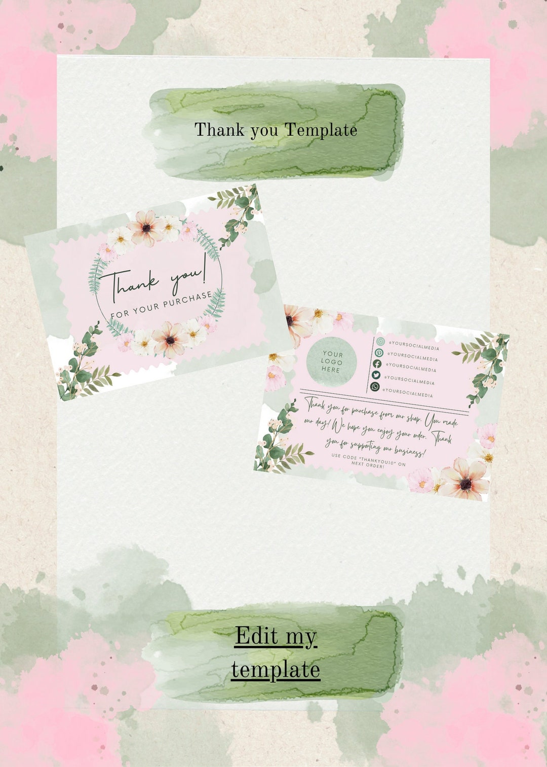 Greenery/ Pink Floral Thank You Business Cards- Editable on Canva - Etsy