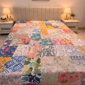 Kantha Quilt King Size | Block Print Patchwork Bedspread | Handmade Indian Throw Blanket | Boho Bed Cover 9x7ft | Wholesale Available