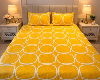 Parure de lit en coton jaune pour très grand lit | Drap de lit géométrique moderne | Ensemble de literie 3 pièces | Impression numérique|Décoration de chambre minimale|Cadeau pour la maison