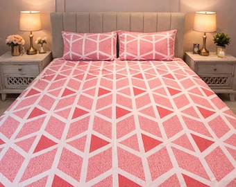 Lenzuolo moderno geometrico rosa, biancheria da letto in cotone king size, copriletto morbido e minimalista di lusso, arredamento contemporaneo per la camera da letto, lenzuolo 135 fili