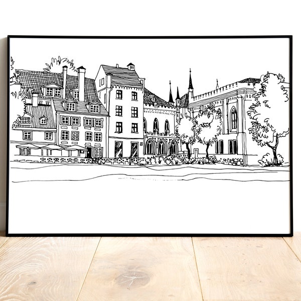 Riga Wall Art. Printable image. Wall Decor. Urban landscape. Architecture. Romantic Latvia Wall Art. Digital sketch. Gift from Riga.