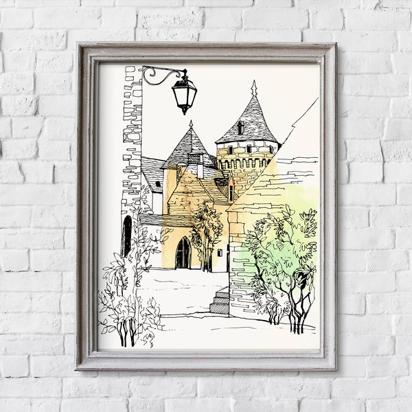 France Landscape Wall Art. Printable Image. Colourful Urban sketch watercolour. Hand drawn line art. Urban background. Wall Decor.