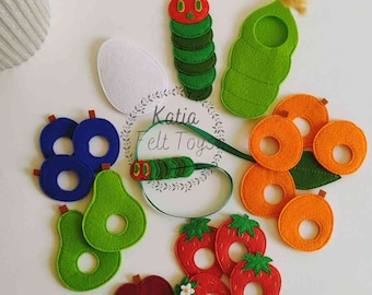 The Very Hungry Caterpillar. Montessori toys. Sensory interactive play. Felt toys. Felt caterpillar. Felt food. Fat Caterpillar. Cocoon.