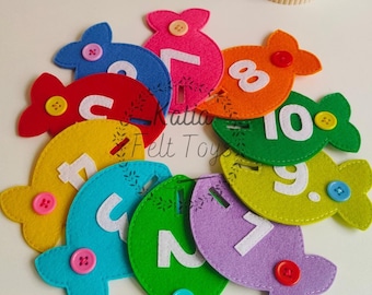 Rainbow Numbers Game, Counting toy, Traveling activity, Buttoning fishing game, Toddler felt fish, Montessori buttoning, Fine motor skills