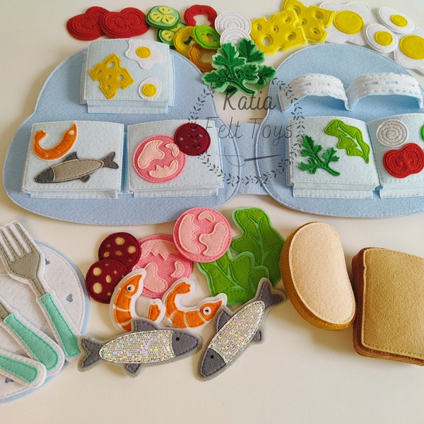 Faire un sandwich - jeu de feutre sûr et engageant pour les enfants (nourriture de poupée, nourriture en feutre, cuisine pour enfants, jouets de cuisine, nourriture pour jouer, jouet en peluche)