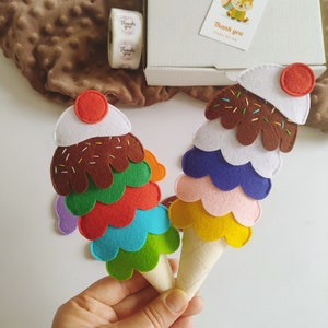 Lernspielzeug aus Filz ""Hausgemachtes Eis"" mit Waffel." Entwickeln Sie Feinmotorik, Farben lernen, zählen und Größen vergleichen Filz Essen