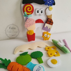 Felt game "Clean tooth". Felt happy tooth and sad tooth.  Tooth Brushing. Healthy/unhealthy food. Mouth hygiene. Teeth hygiene.